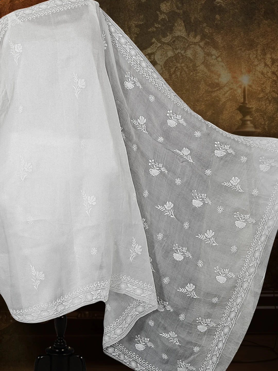 Ada Hand Embroidered Ivory Organza Lucknowi Chikankari Saree With Blouse 01A521393