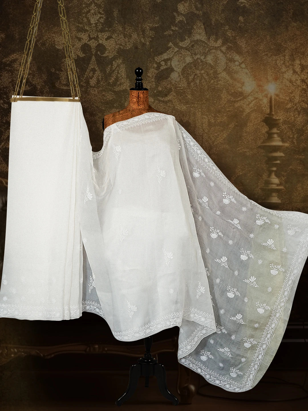 Ada Hand Embroidered Ivory Organza Lucknowi Chikankari Saree With Blouse 01A521393