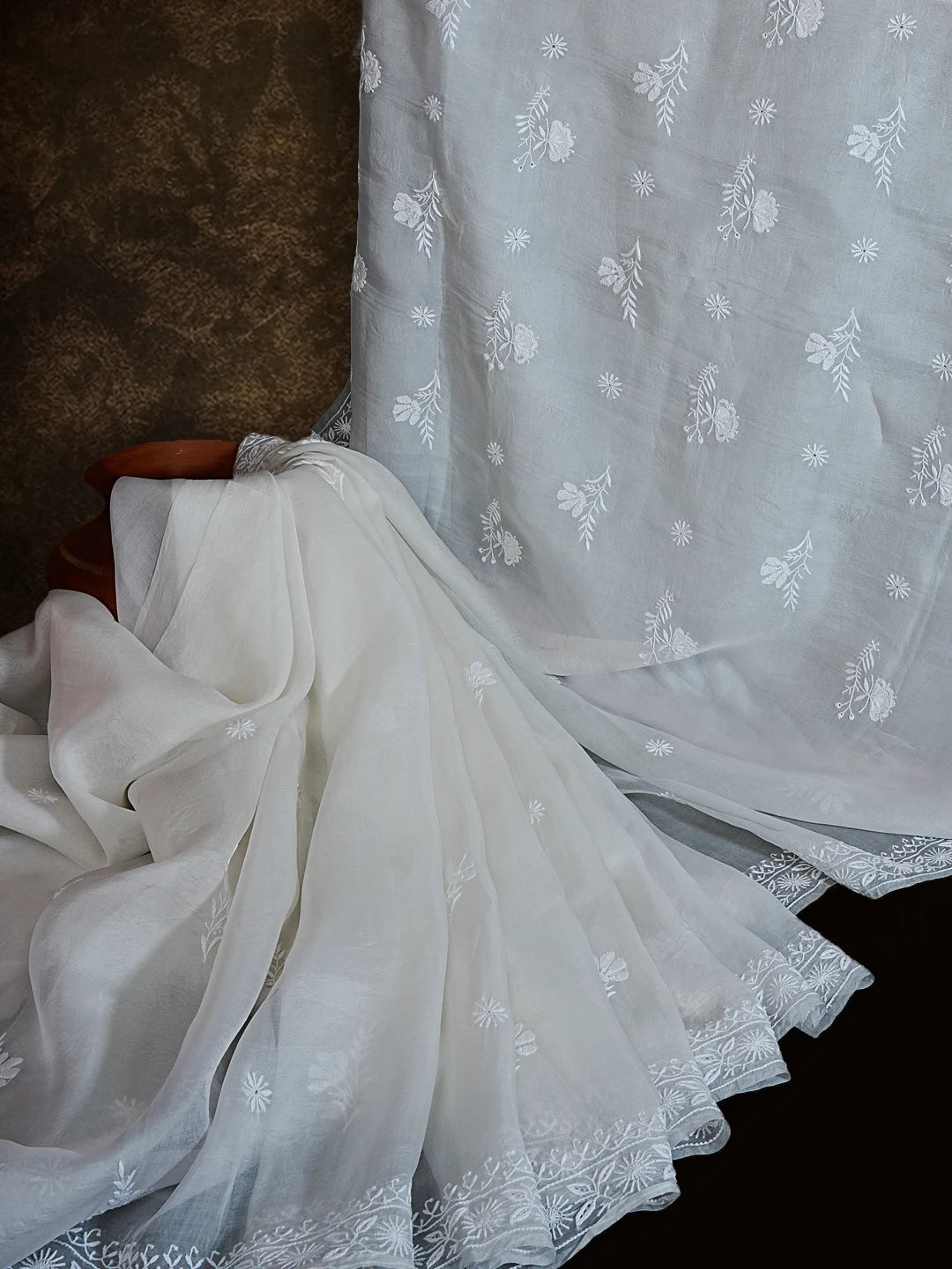 Ada Hand Embroidered Ivory Organza Lucknowi Chikankari Saree With Blouse 01A521393