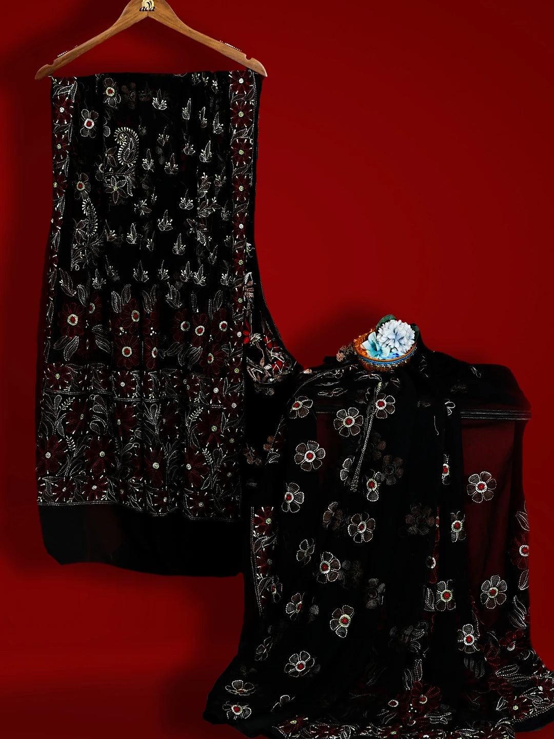 Ada Hand Embroidered Black Faux Georgette Lucknowi Chikankari Saree and Blouse 01A538968