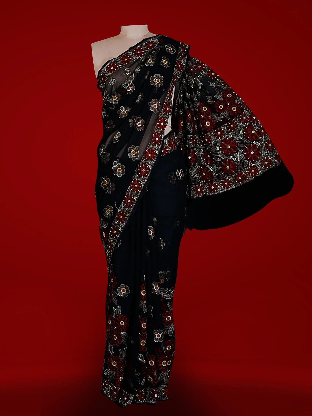 Ada Hand Embroidered Black Faux Georgette Lucknowi Chikankari Saree and Blouse 01A538968