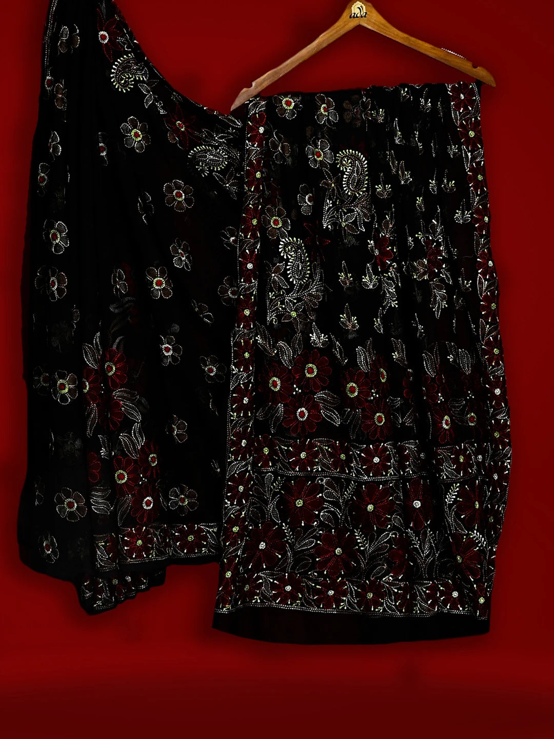 Ada Hand Embroidered Black Faux Georgette Lucknowi Chikankari Saree and Blouse 01A538968