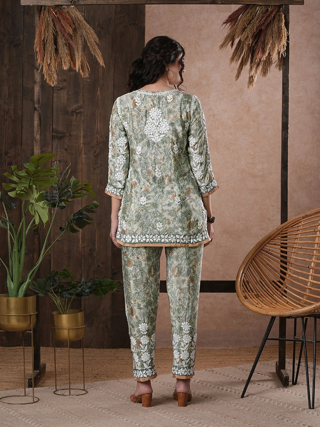 Ada Hand Embroidered Pista Green Crepe Lucknowi Chikankari Co-Ord Set A811254