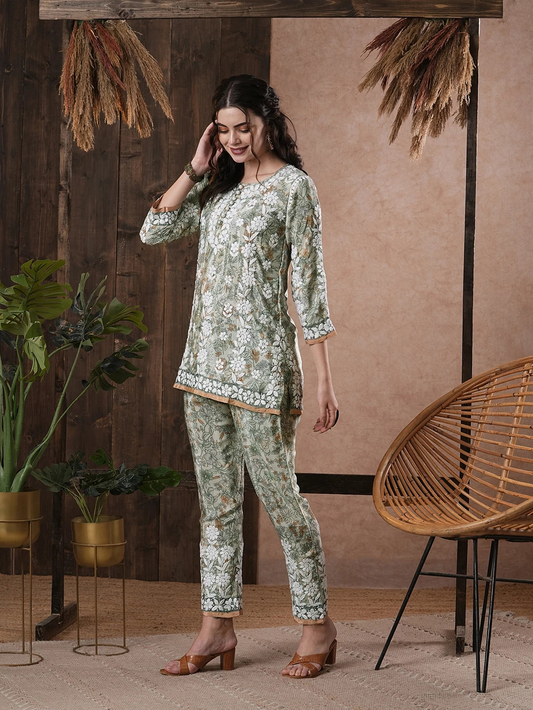 Ada Hand Embroidered Pista Green Crepe Lucknowi Chikankari Co-Ord Set A811254