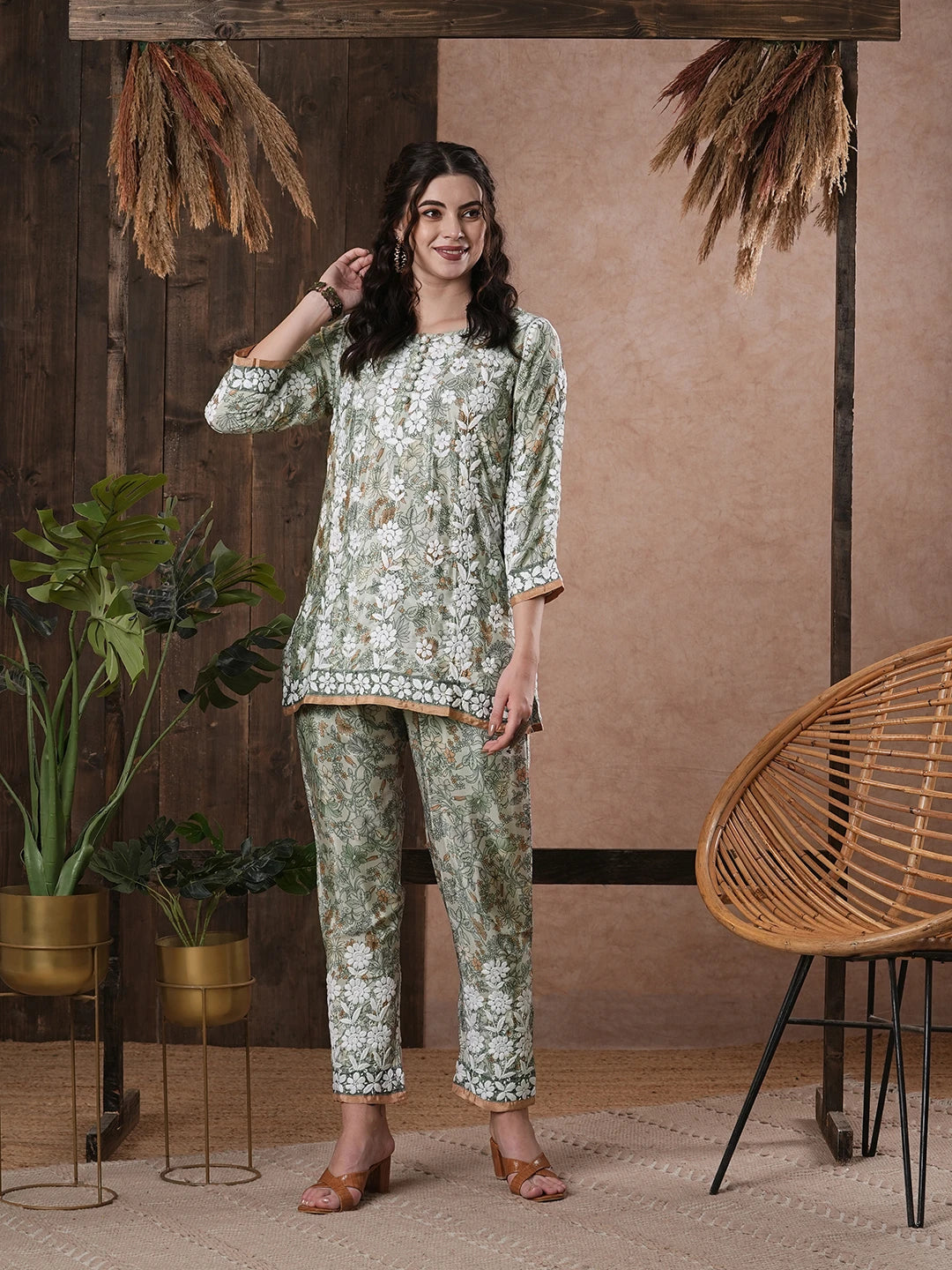 Ada Hand Embroidered Pista Green Crepe Lucknowi Chikankari Co-Ord Set A811254