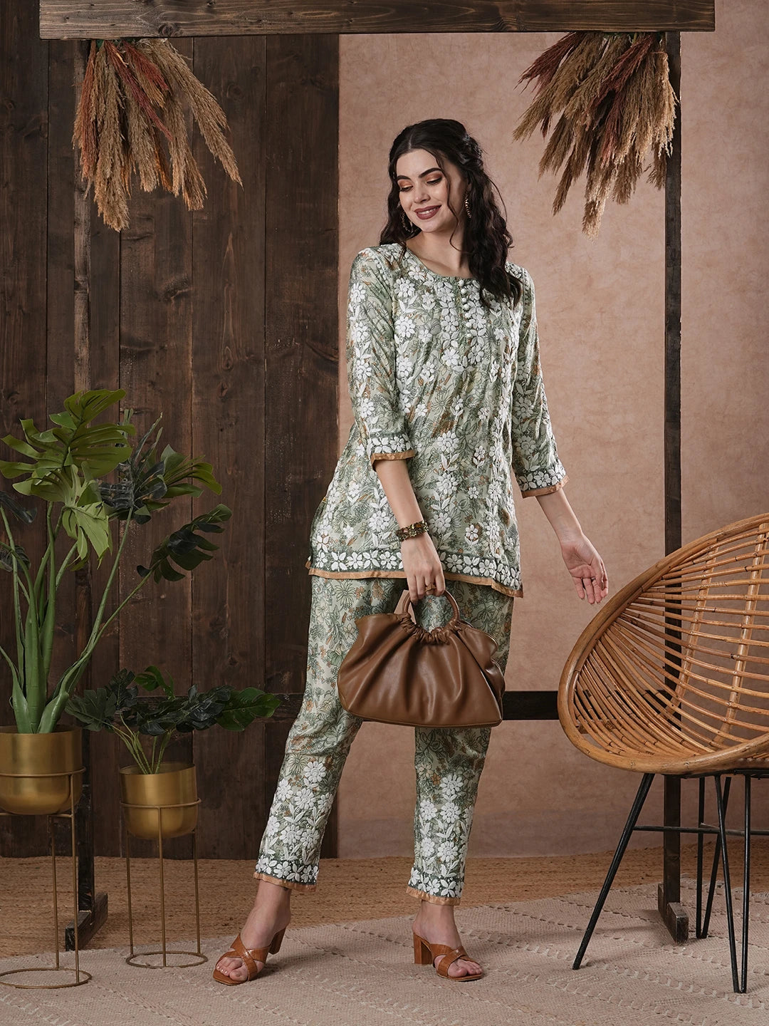 Ada Hand Embroidered Pista Green Crepe Lucknowi Chikankari Co-Ord Set A811254