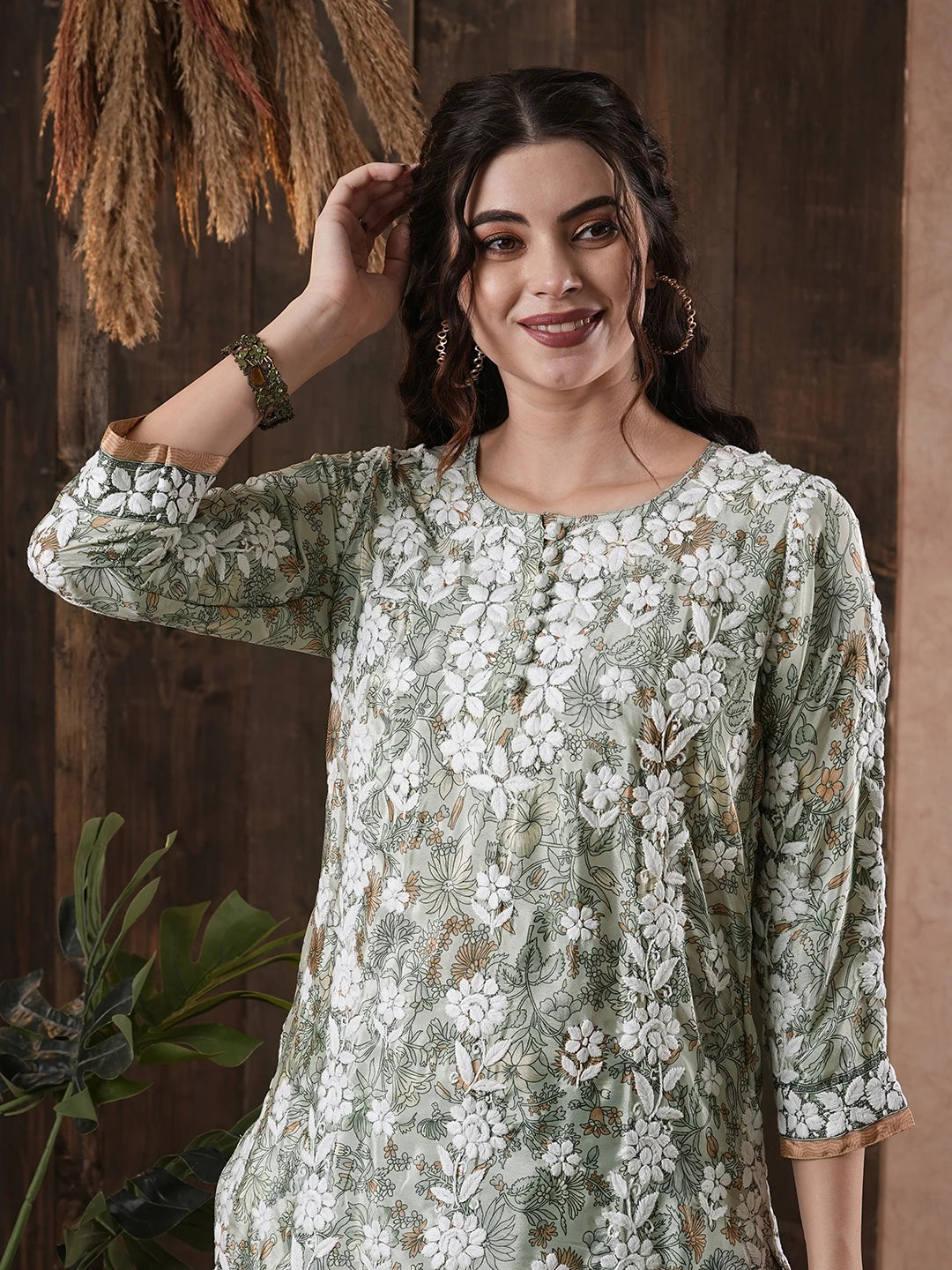 Ada Hand Embroidered Pista Green Crepe Lucknowi Chikankari Co-Ord Set A811254