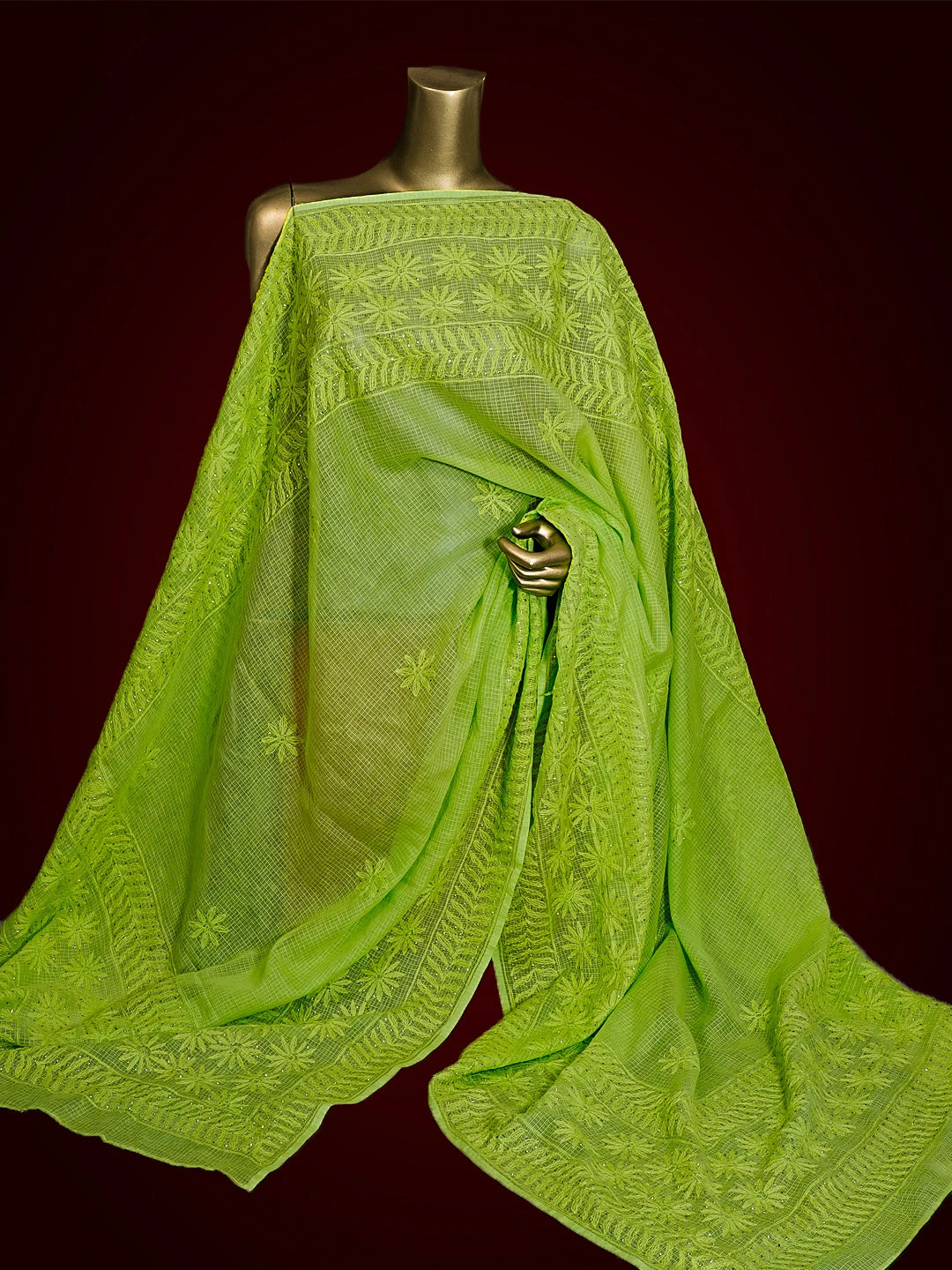 Ada Hand Embroidered Parrot Green Kota  Lucknowi Chikankari Dupatta With Muqaish Work 01A341899
