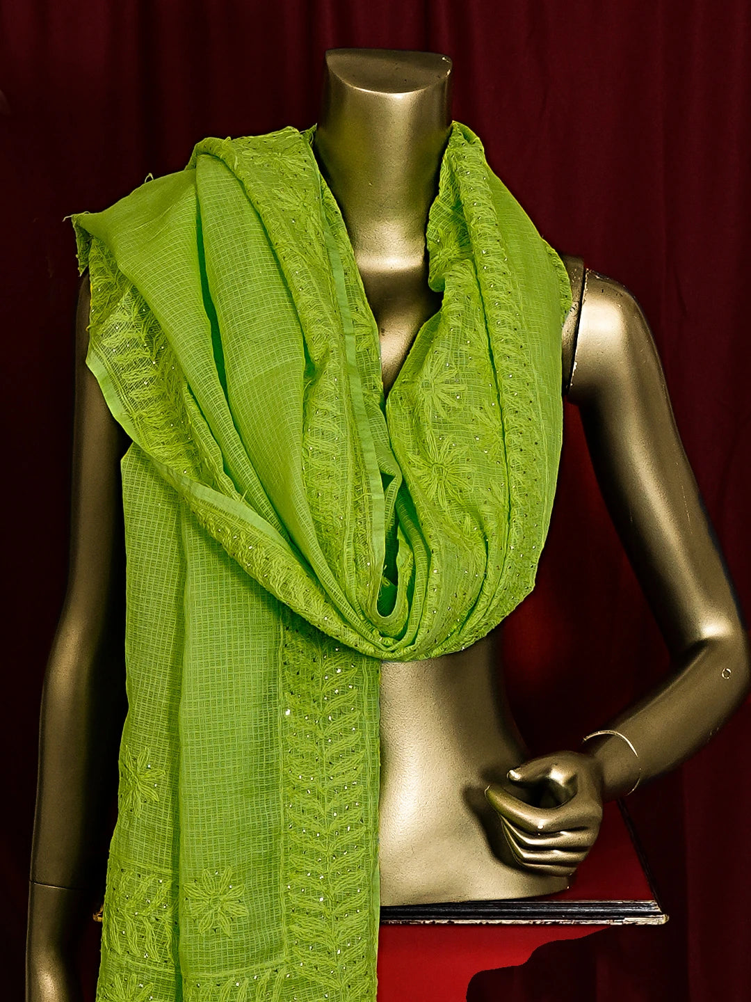 Ada Hand Embroidered Parrot Green Kota  Lucknowi Chikankari Dupatta With Muqaish Work 01A341899