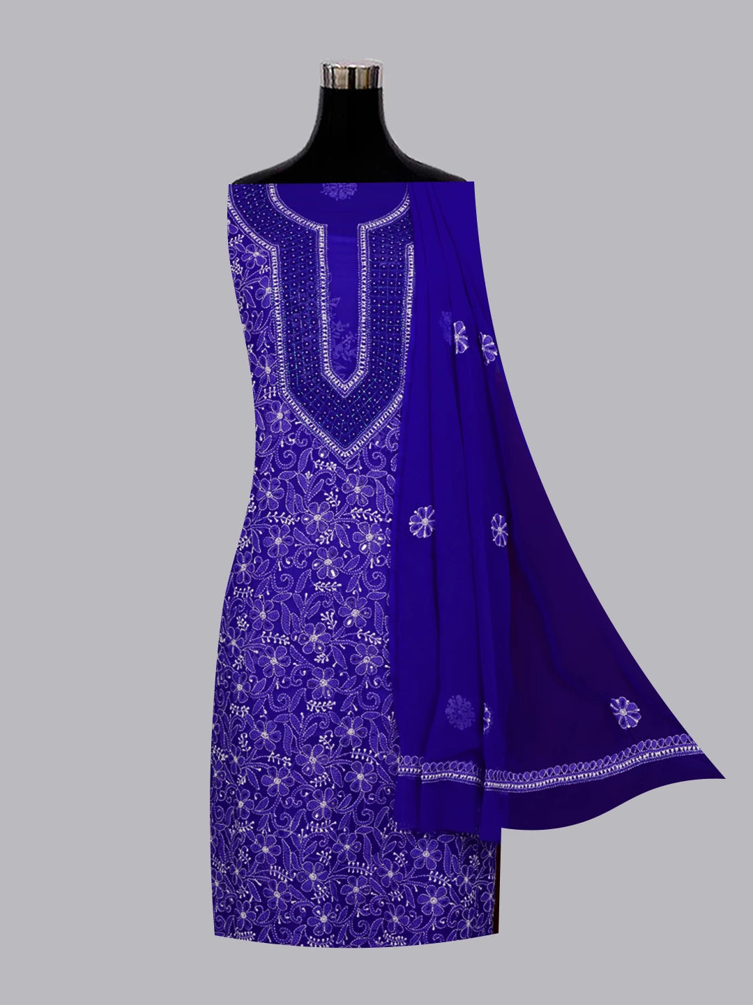 Ada Hand Embroidered Royal Blue Georgette Lucknowi Chikankari Unstitched Suit Piece With Pearl Work 01A530643
