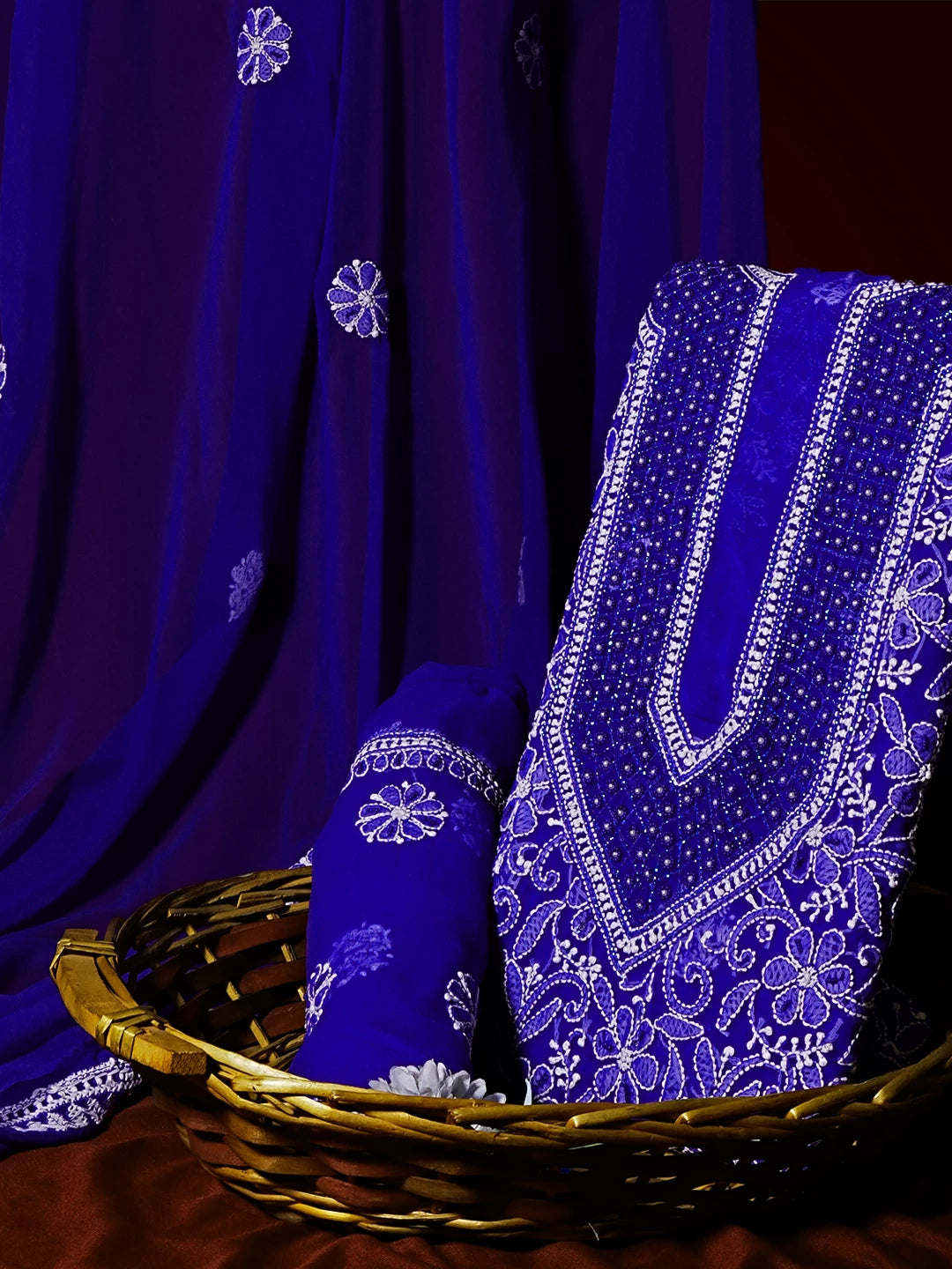 Ada Hand Embroidered Royal Blue Georgette Lucknowi Chikankari Unstitched Suit Piece With Pearl Work 01A530643