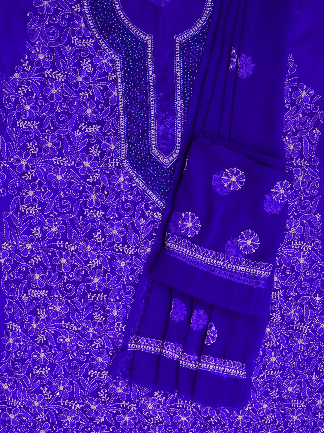Ada Hand Embroidered Royal Blue Georgette Lucknowi Chikankari Unstitched Suit Piece With Pearl Work 01A530643