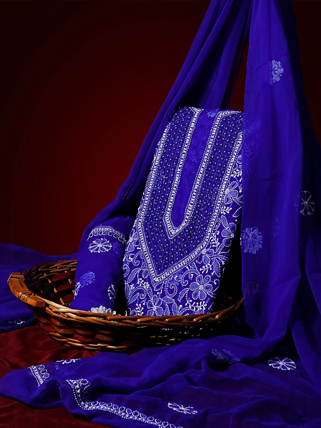 Ada Hand Embroidered Royal Blue Georgette Lucknowi Chikankari Unstitched Suit Piece With Pearl Work 01A530643