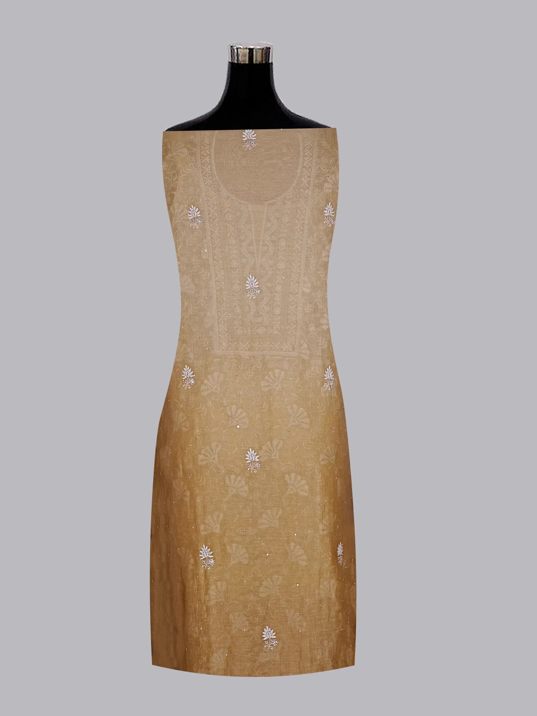 Ada Hand Embroidered Fawn Chanderi Lucknowi Chikankari Unstitched Kurta Dupatta Set With Sequinned Work 01A510681