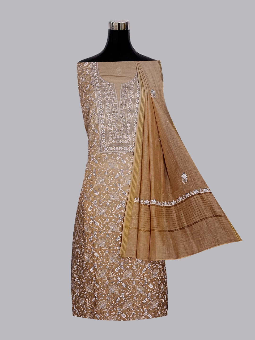 Ada Hand Embroidered Fawn Chanderi Lucknowi Chikankari Unstitched Kurta Dupatta Set With Sequinned Work 01A510681