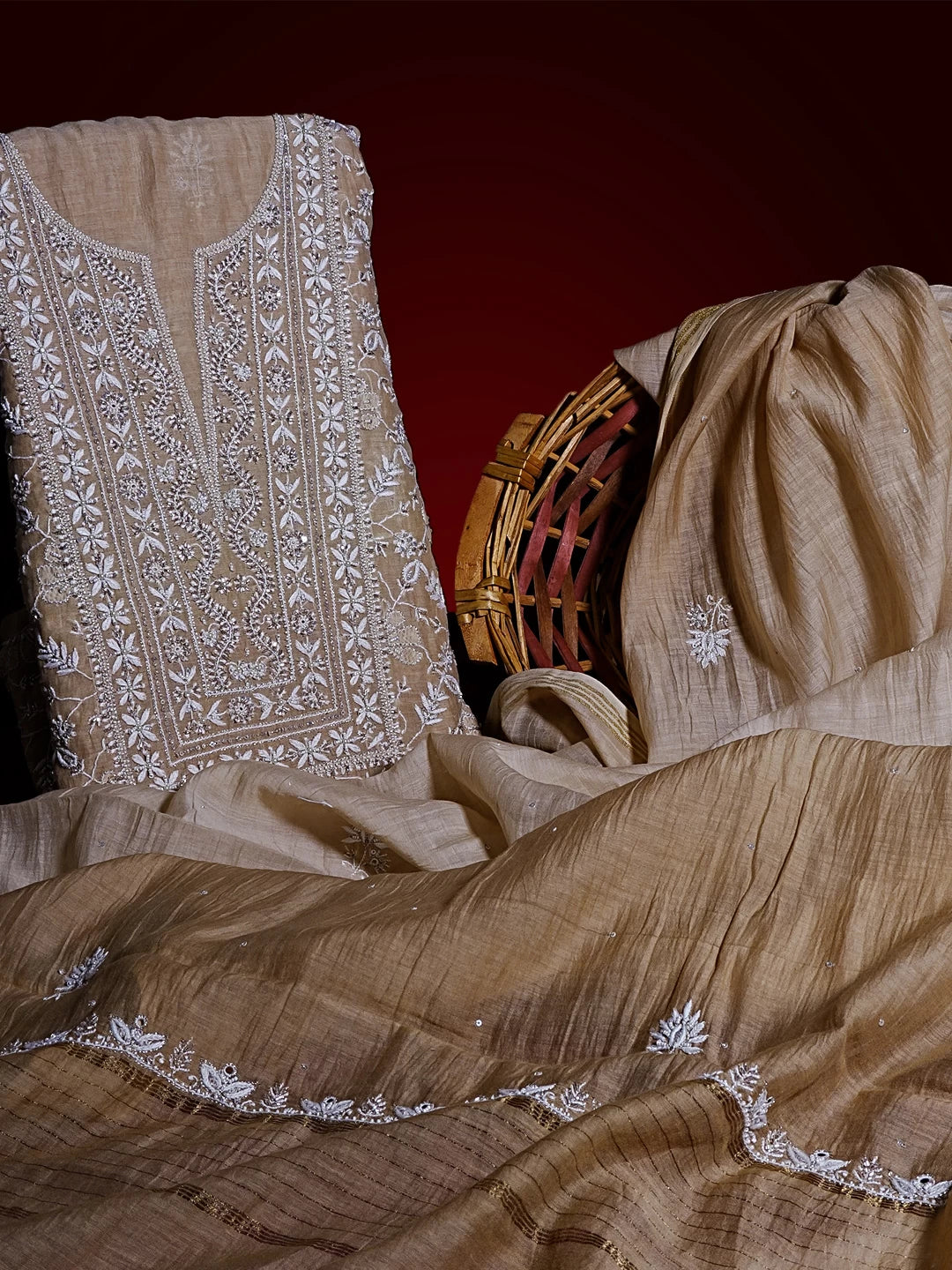 Ada Hand Embroidered Fawn Chanderi Lucknowi Chikankari Unstitched Kurta Dupatta Set With Sequinned Work 01A510681