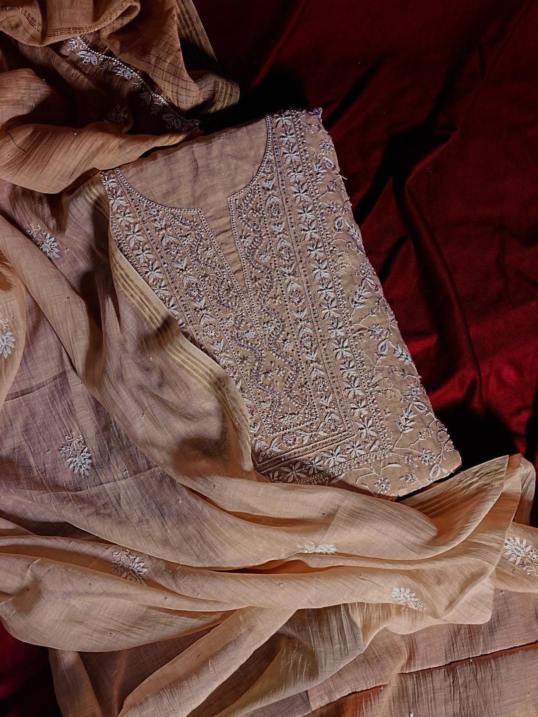 Ada Hand Embroidered Fawn Chanderi Lucknowi Chikankari Unstitched Kurta Dupatta Set With Sequinned Work 01A510681