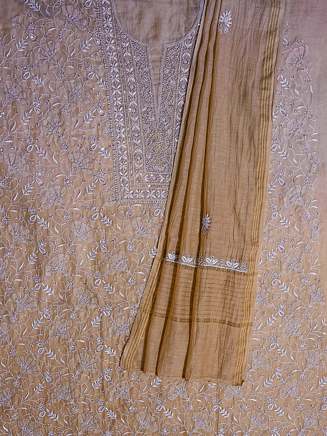 Ada Hand Embroidered Fawn Chanderi Lucknowi Chikankari Unstitched Kurta Dupatta Set With Sequinned Work 01A510681