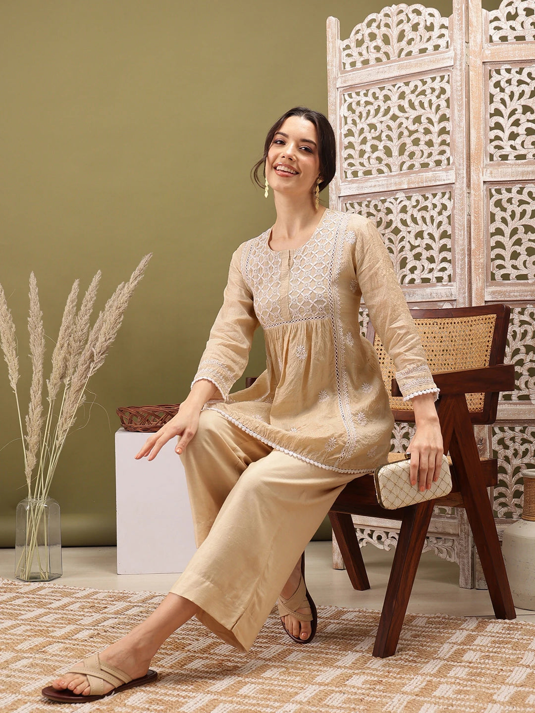 Ada Hand Embroidered Fawn Silk Lucknowi Chikankari Short Kurti 01A525600