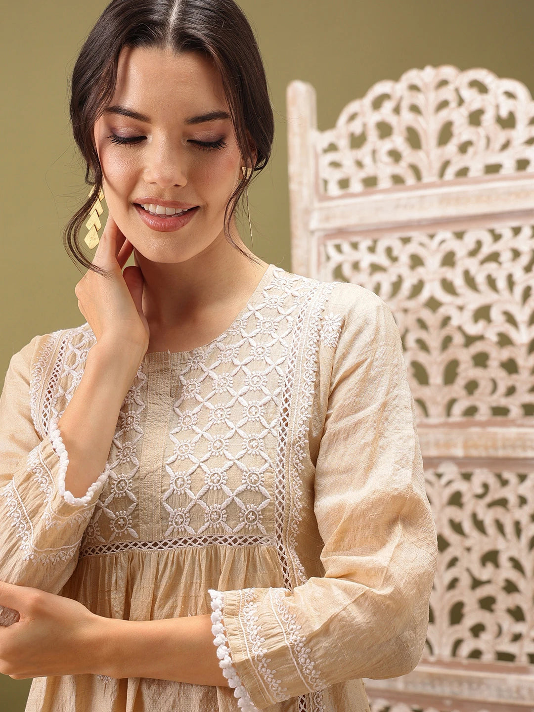 Ada Hand Embroidered Fawn Silk Lucknowi Chikankari Short Kurti 01A525600