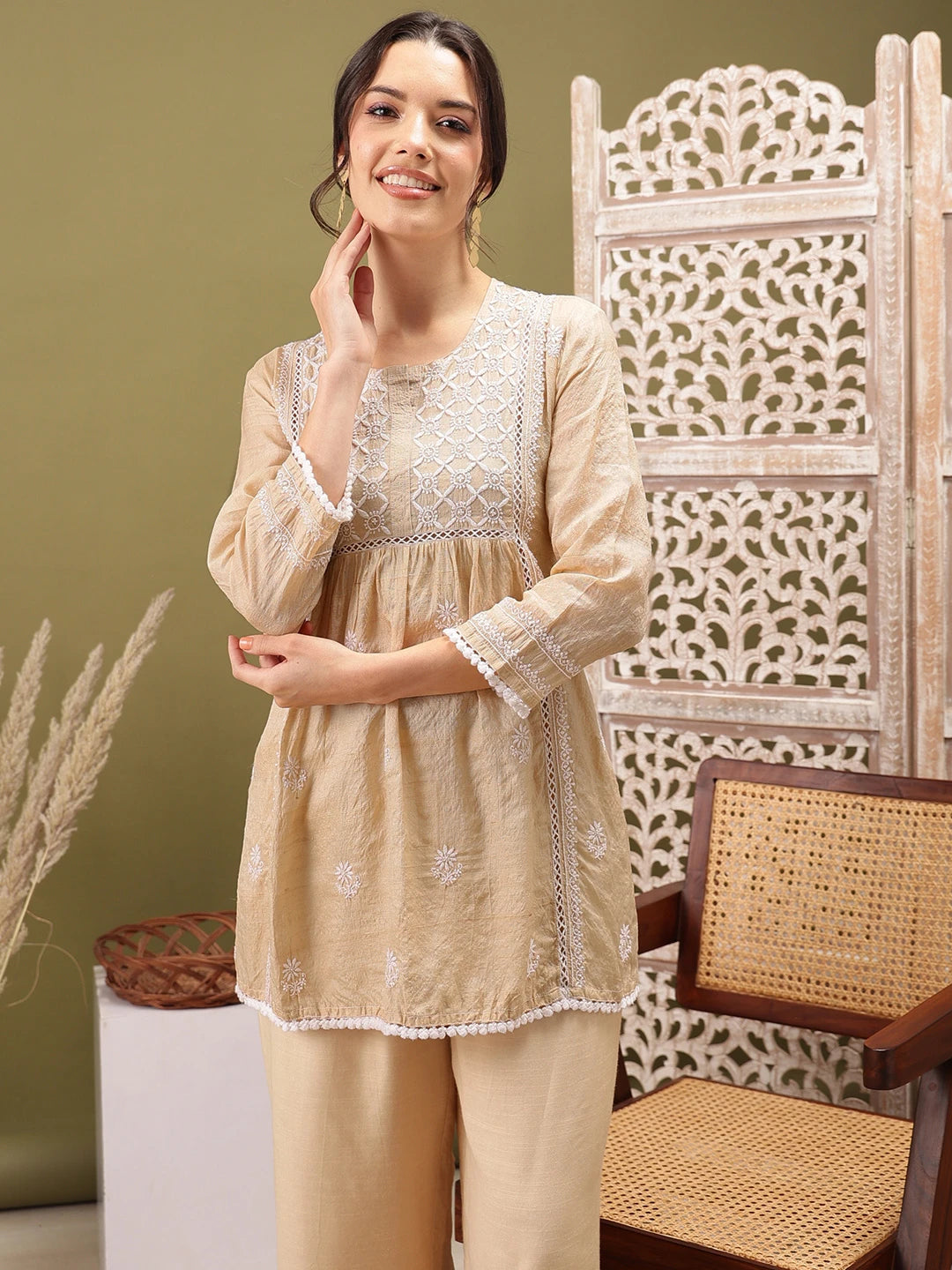 Ada Hand Embroidered Fawn Silk Lucknowi Chikankari Short Kurti 01A525600