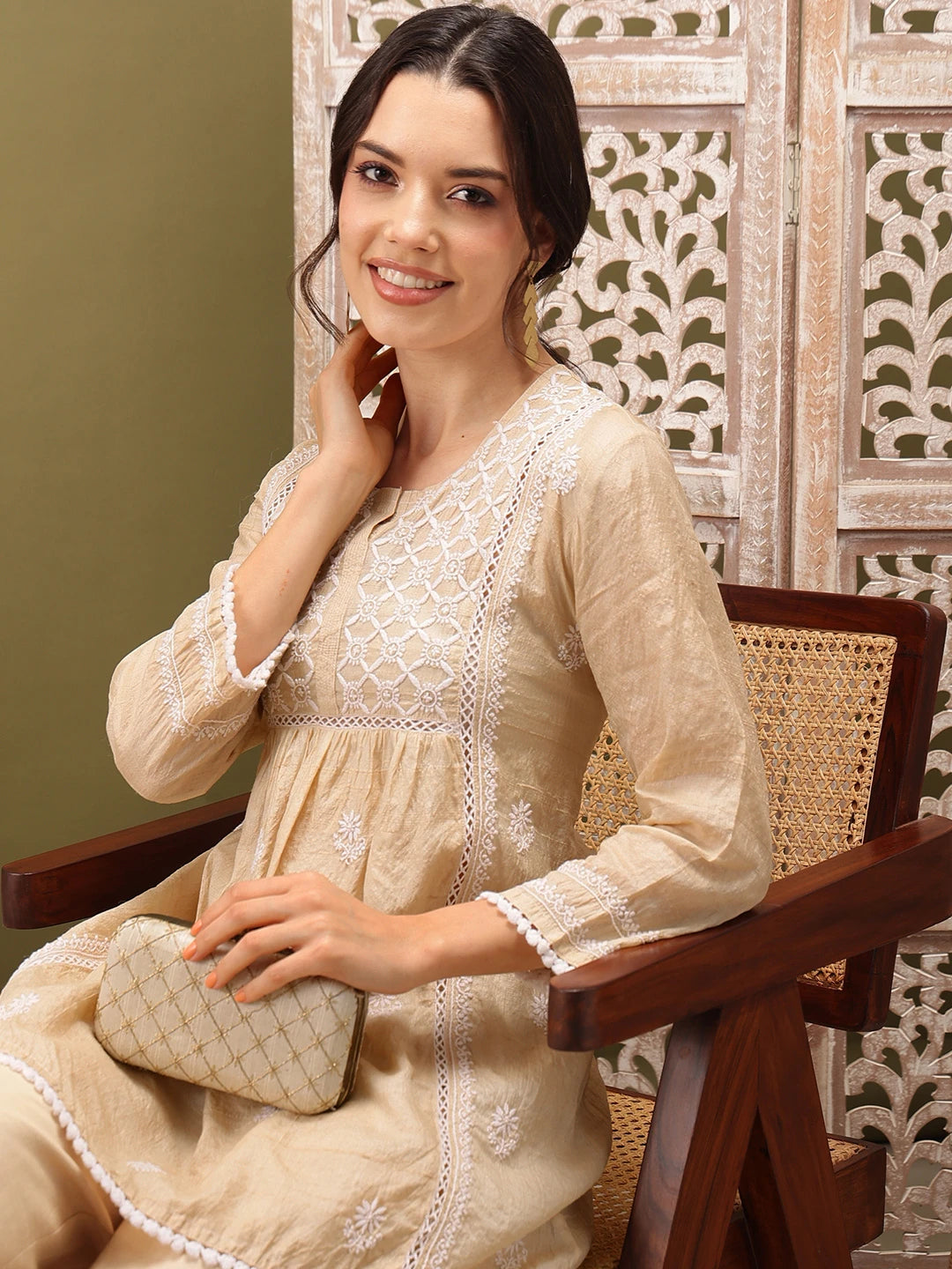 Ada Hand Embroidered Fawn Silk Lucknowi Chikankari Short Kurti 01A525600