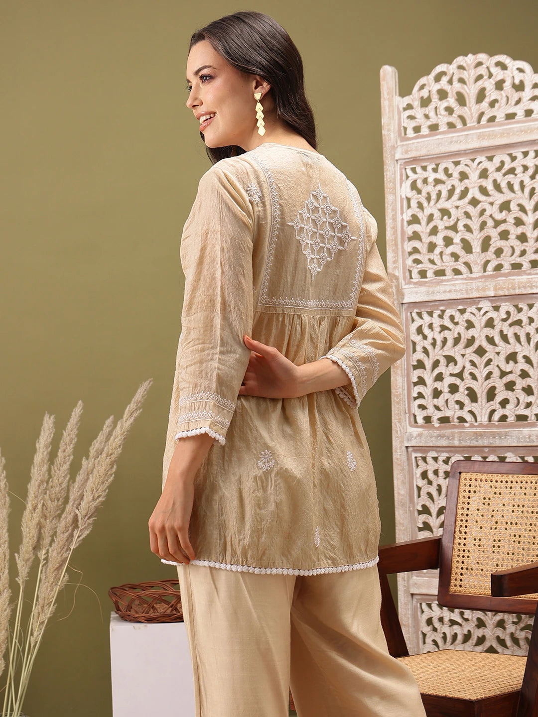 Ada Hand Embroidered Fawn Silk Lucknowi Chikankari Short Kurti 01A525600