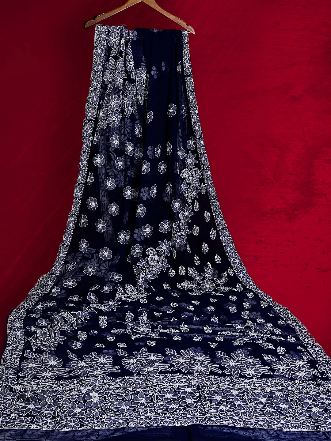 Ada Hand Embroidered Navy Blue Georgette Lucknowi Chikankari Saree With Blouse 01A539029