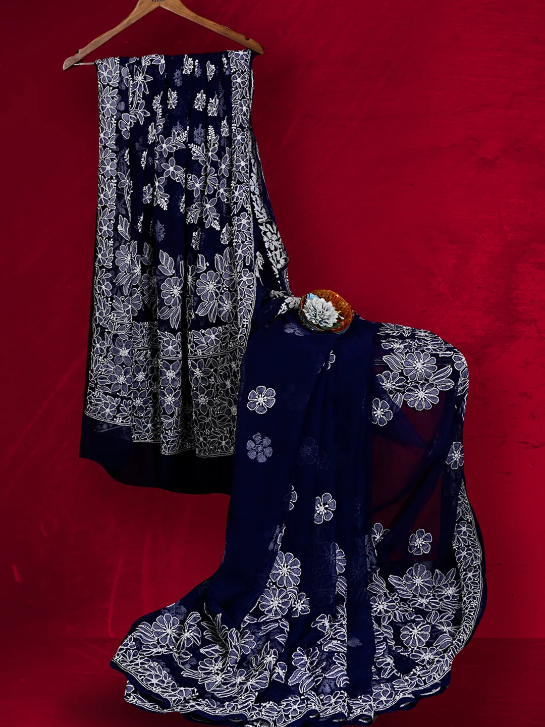 Ada Hand Embroidered Navy Blue Georgette Lucknowi Chikankari Saree With Blouse 01A539029