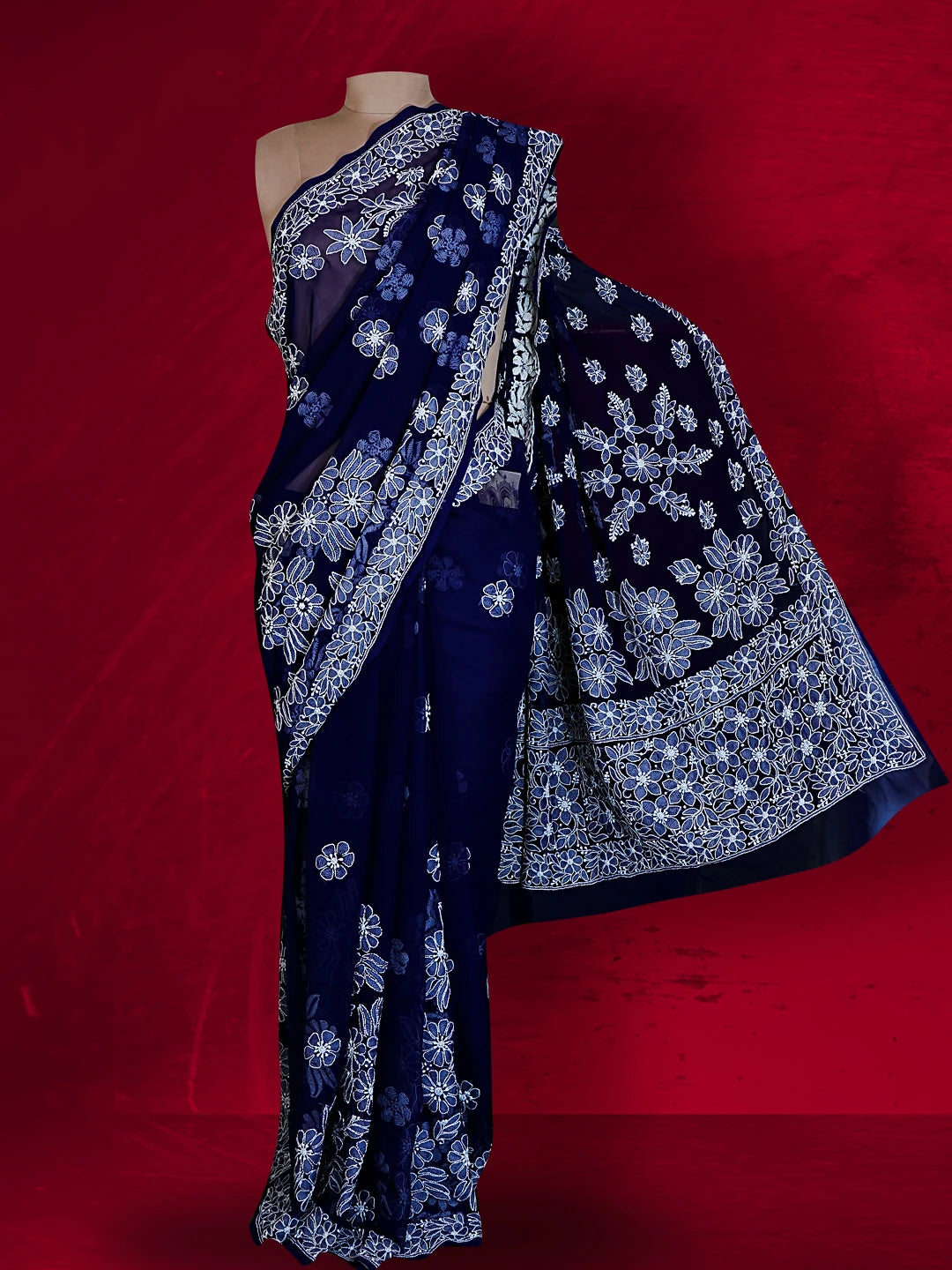 Ada Hand Embroidered Navy Blue Georgette Lucknowi Chikankari Saree With Blouse 01A539029