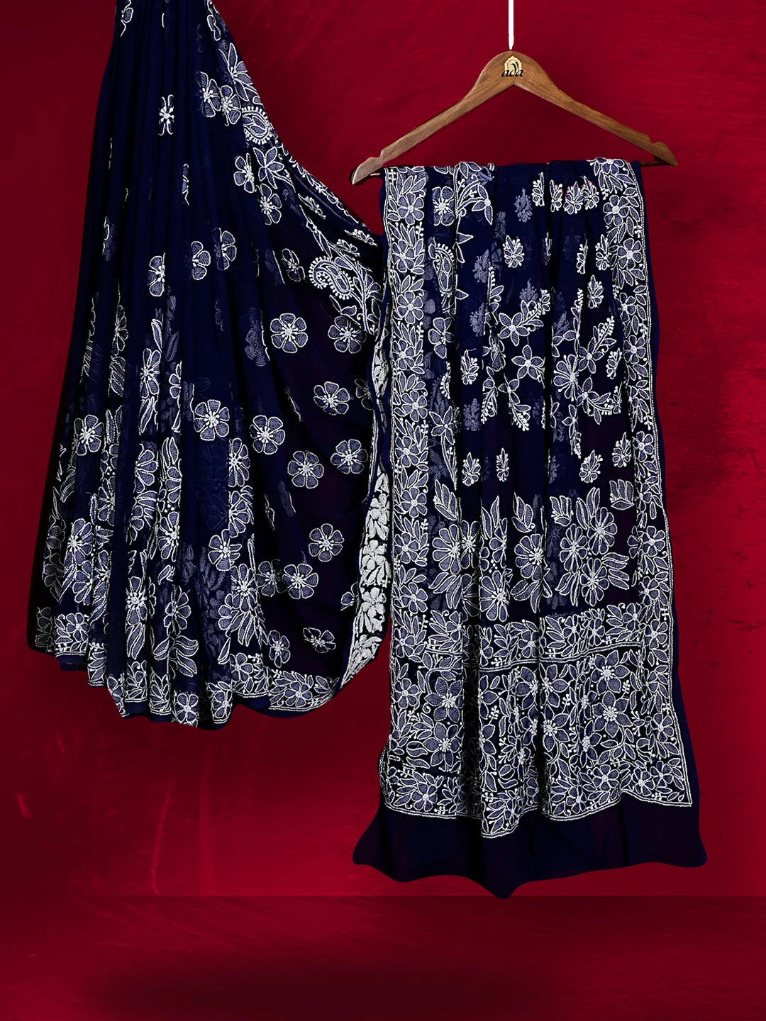 Ada Hand Embroidered Navy Blue Georgette Lucknowi Chikankari Saree With Blouse 01A539029
