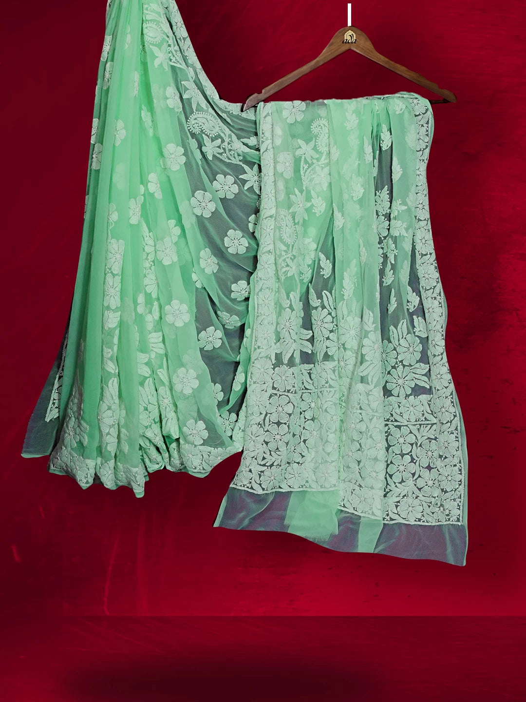 Ada Hand Embroidered Sea Green Georgette Lucknowi Chikankari Saree With Blouse 01A539015