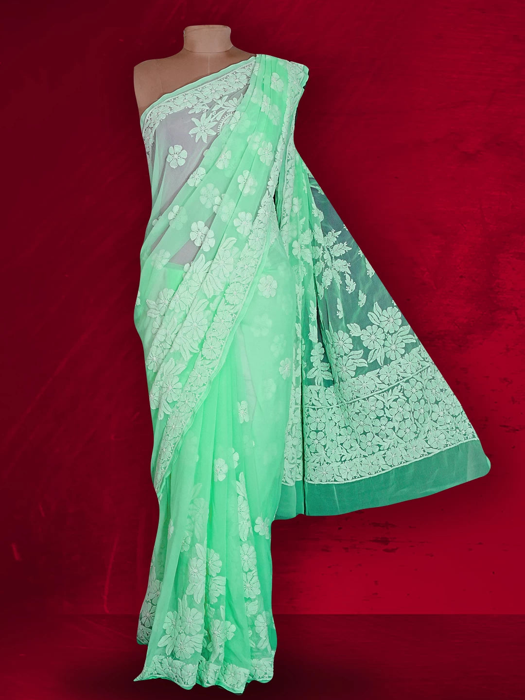 Ada Hand Embroidered Sea Green Georgette Lucknowi Chikankari Saree With Blouse 01A539015