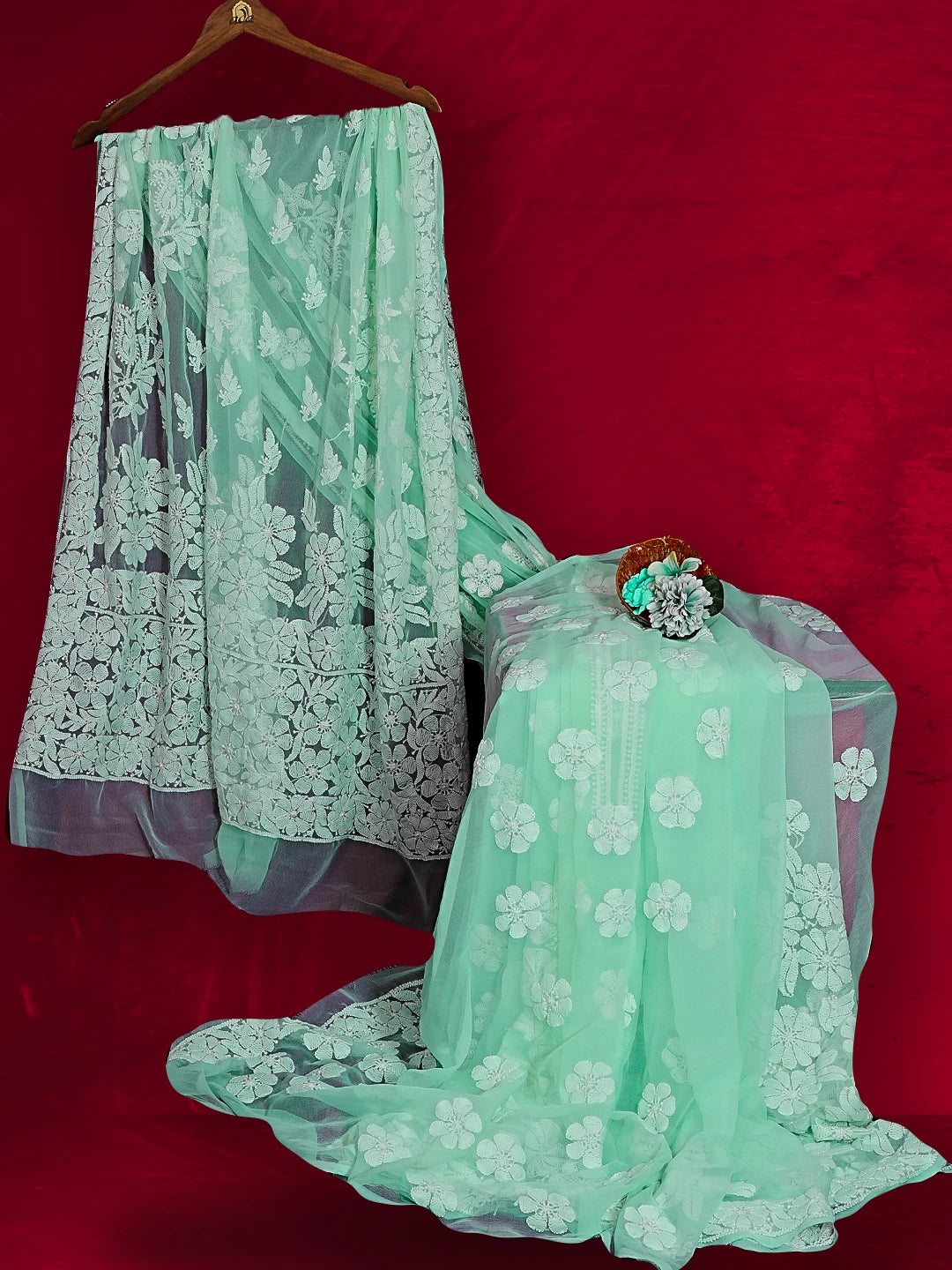Ada Hand Embroidered Sea Green Georgette Lucknowi Chikankari Saree With Blouse 01A539015