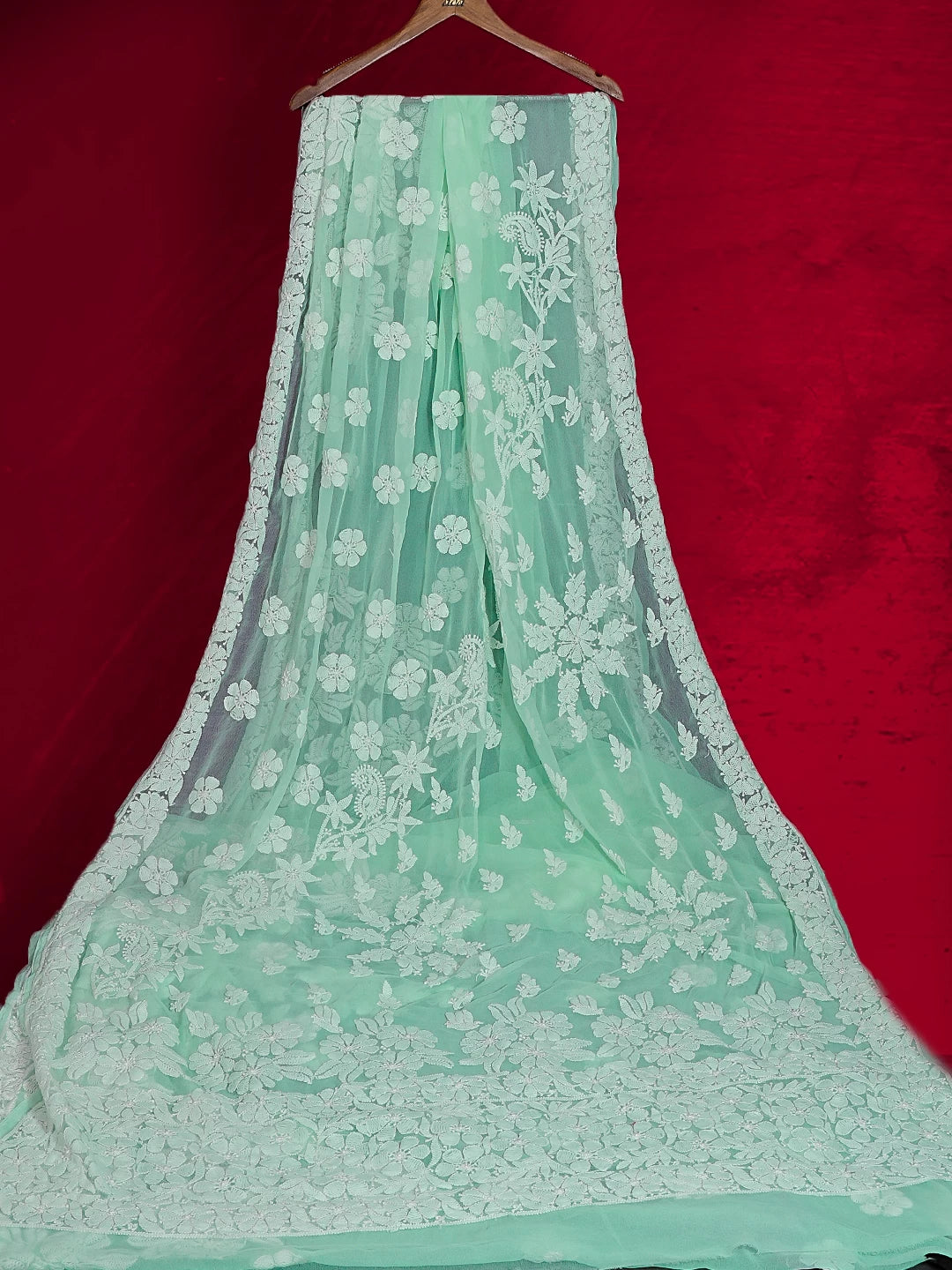 Ada Hand Embroidered Sea Green Georgette Lucknowi Chikankari Saree With Blouse 01A539015