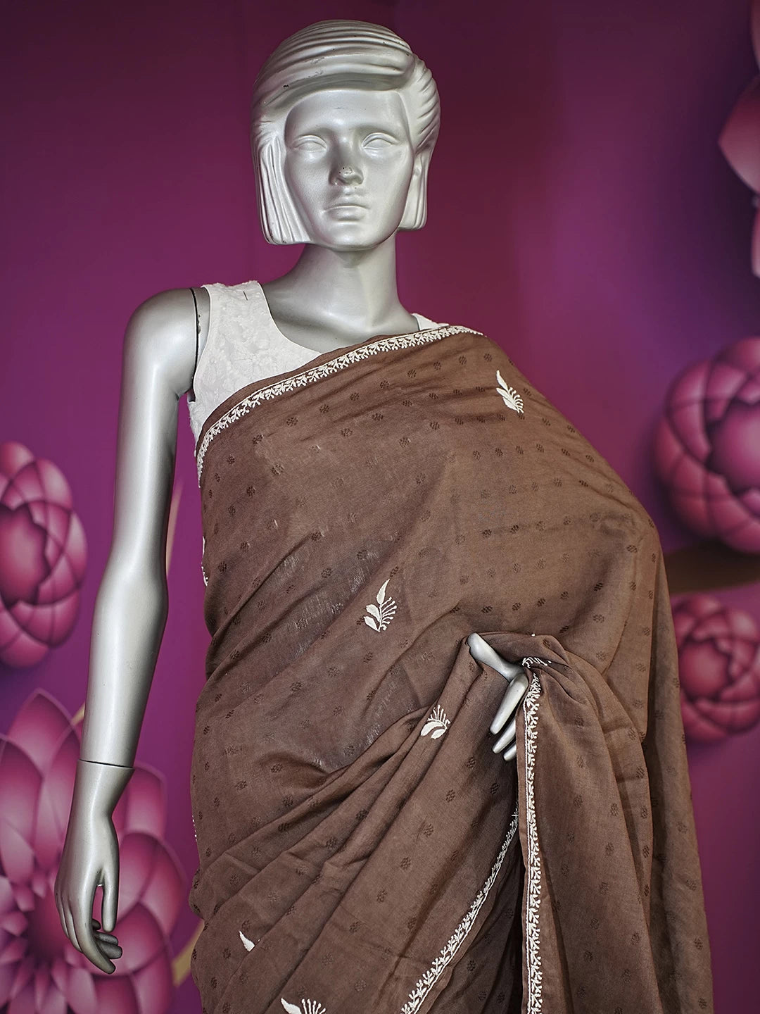 Ada Hand Embroidered chocolate Brown Silk Lucknowi Chikankari Saree With Blouse 01A376452