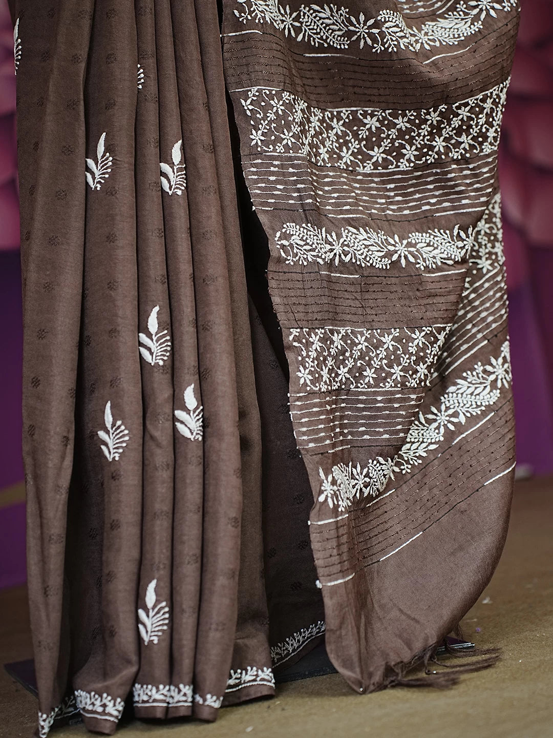 Ada Hand Embroidered chocolate Brown Silk Lucknowi Chikankari Saree With Blouse 01A376452