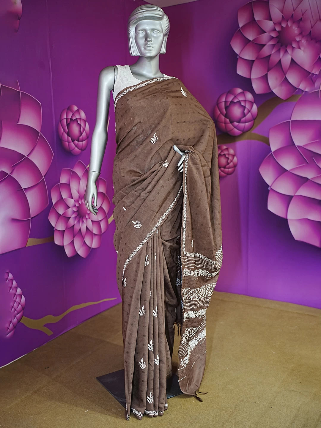 Ada Hand Embroidered chocolate Brown Silk Lucknowi Chikankari Saree With Blouse 01A376452