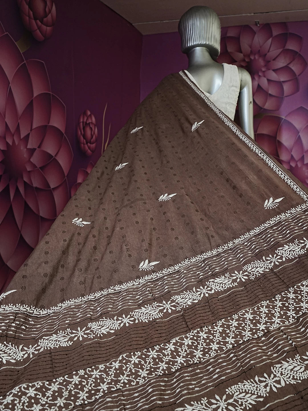 Ada Hand Embroidered chocolate Brown Silk Lucknowi Chikankari Saree With Blouse 01A376452