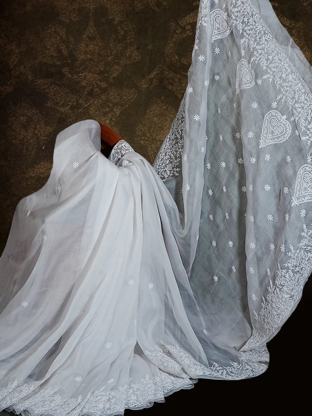 Ada Hand Embroidered Dove White Organza Lucknowi Chikankari Saree With Blouse 01A532258