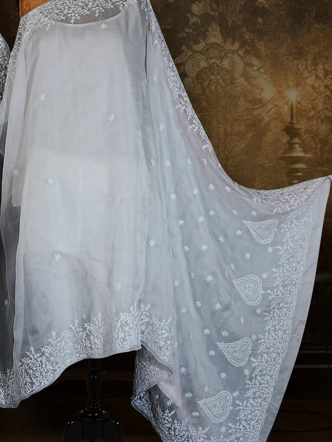 Ada Hand Embroidered Dove White Organza Lucknowi Chikankari Saree With Blouse 01A532258