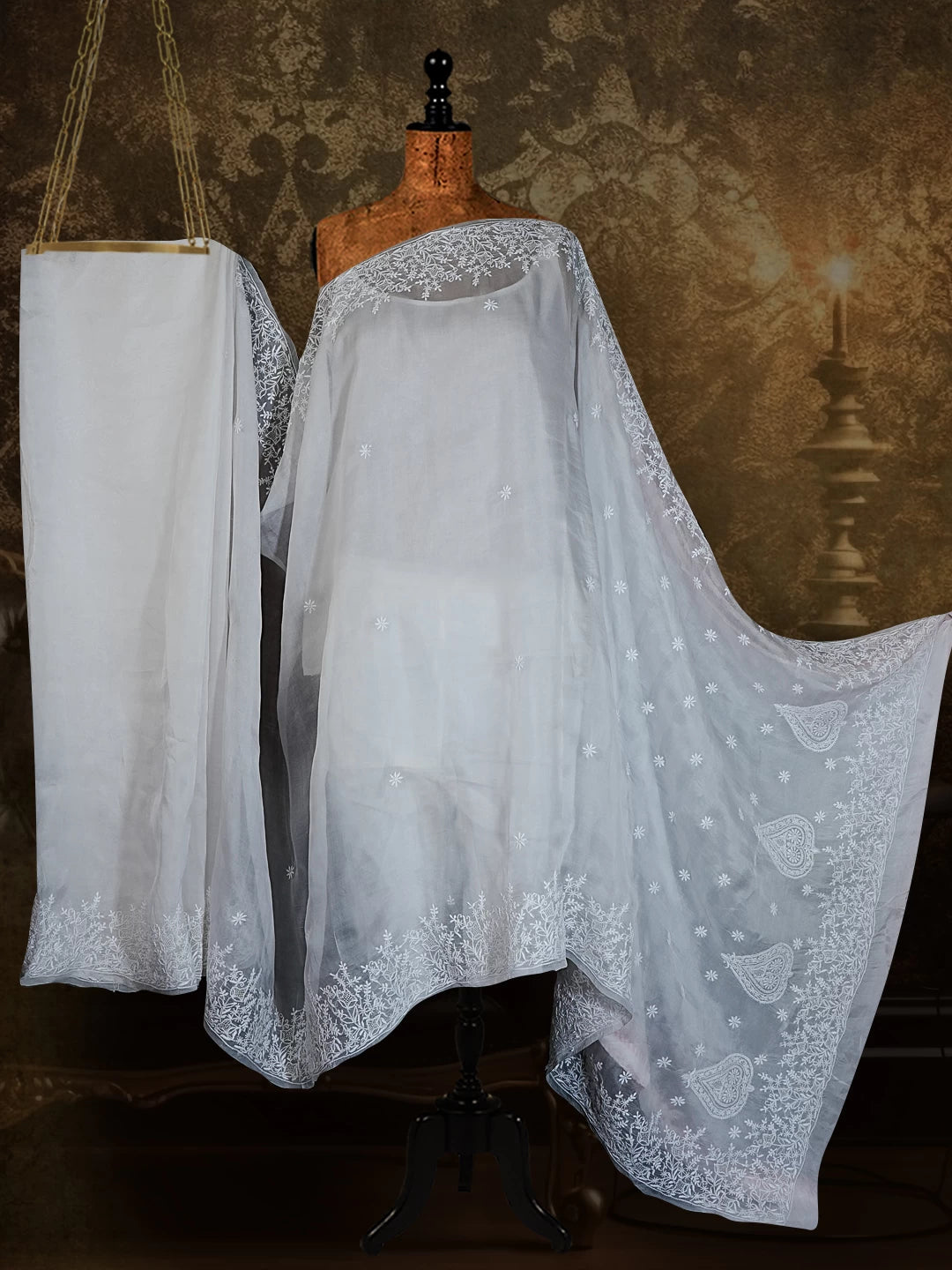 Ada Hand Embroidered Dove White Organza Lucknowi Chikankari Saree With Blouse 01A532258