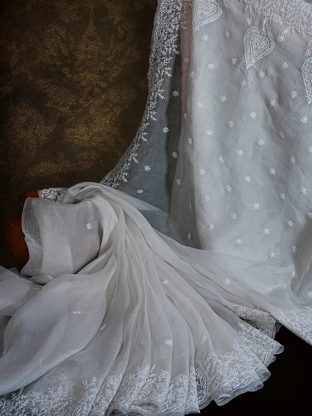 Ada Hand Embroidered Dove White Organza Lucknowi Chikankari Saree With Blouse 01A532258