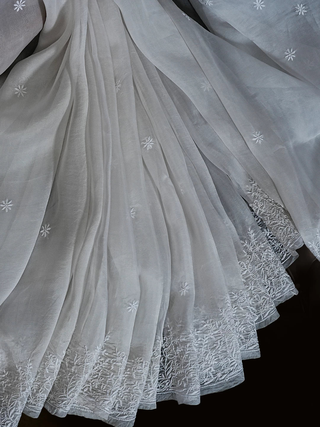 Ada Hand Embroidered Dove White Organza Lucknowi Chikankari Saree With Blouse 01A532258