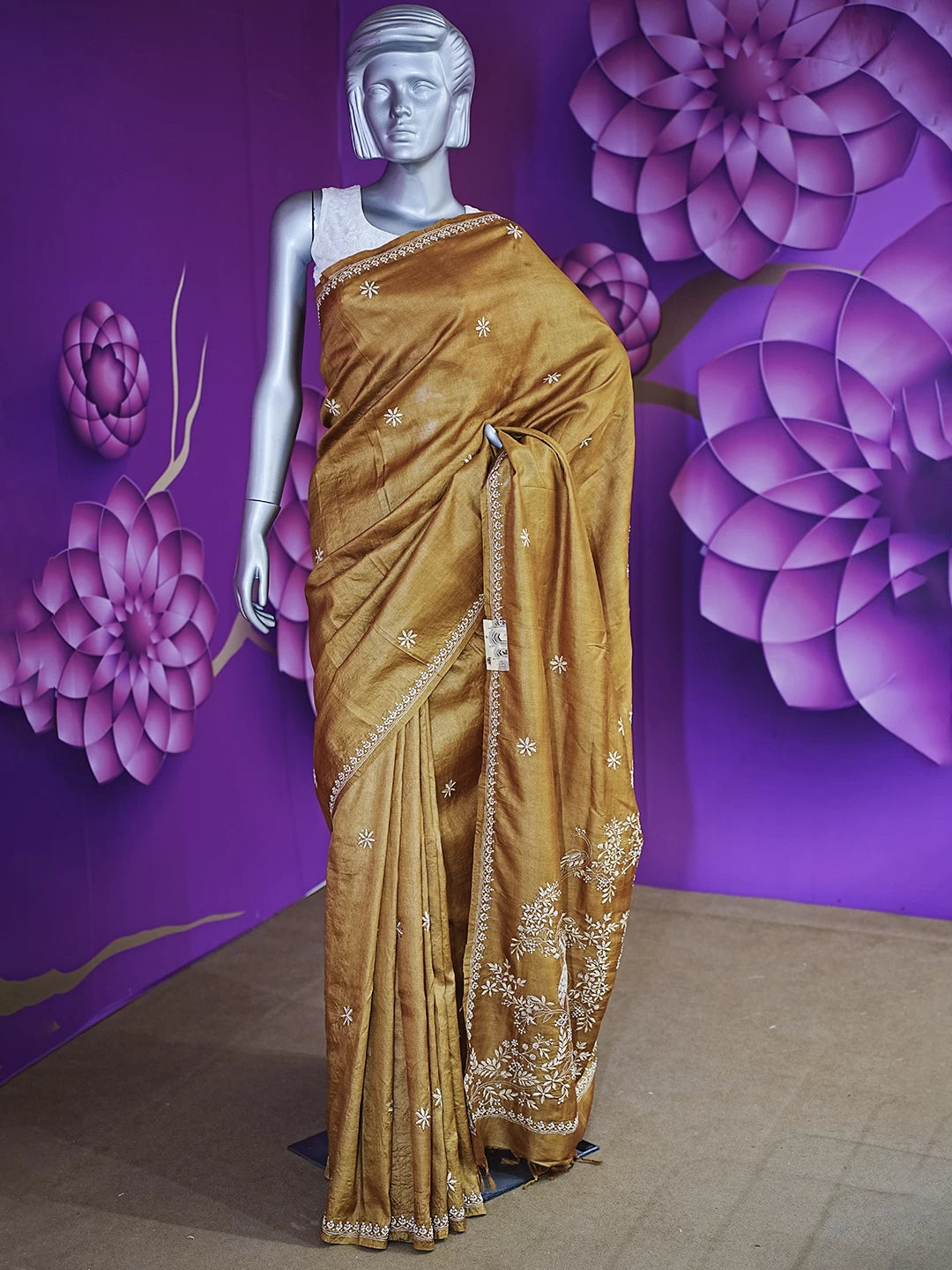 Ada Hand Embroidered Gold Mustard Silk Lucknowi Chikankari Saree/ Blouse With Muqaish Work 01A355099