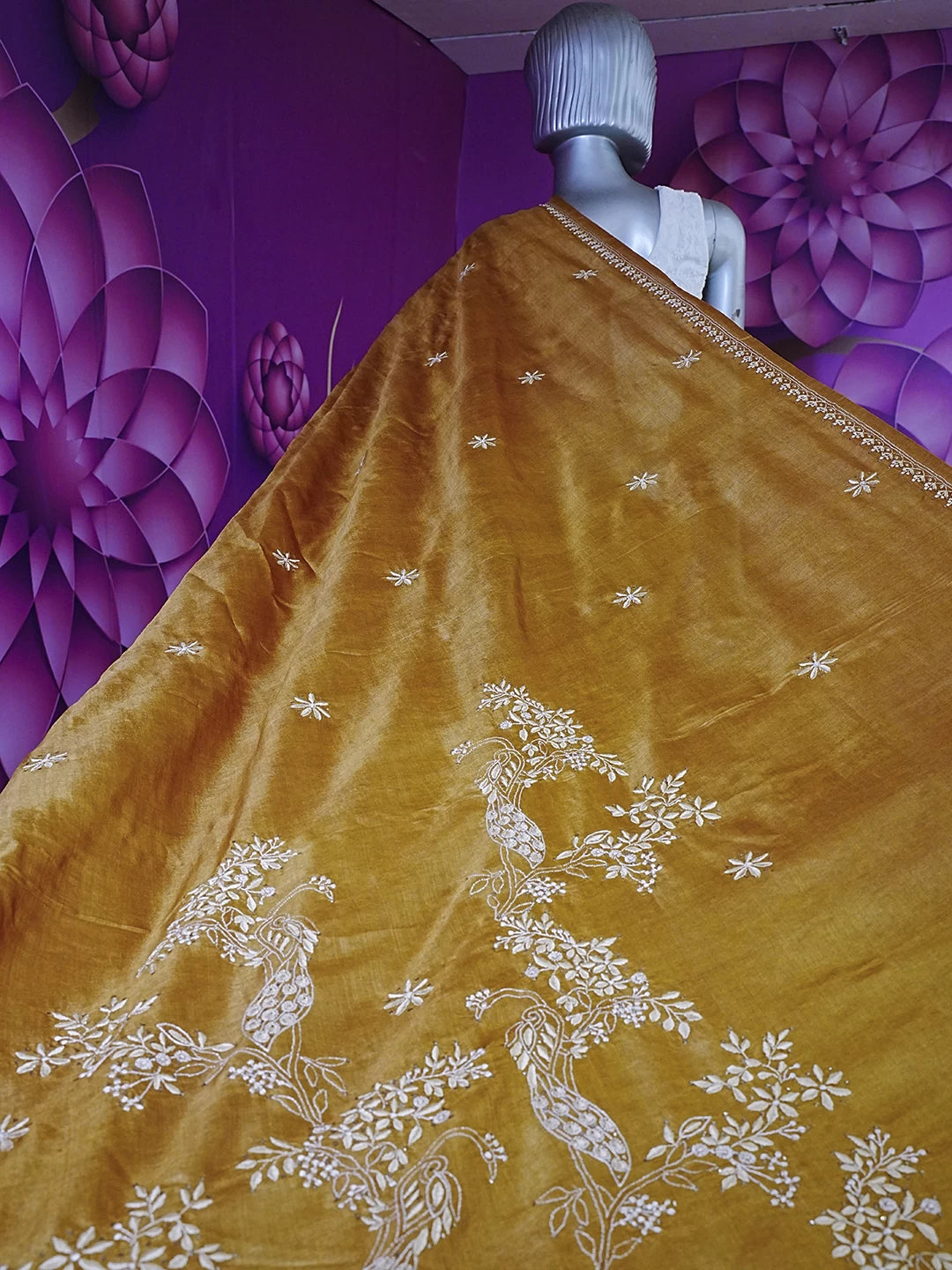 Ada Hand Embroidered Gold Mustard Silk Lucknowi Chikankari Saree/ Blouse With Muqaish Work 01A355099