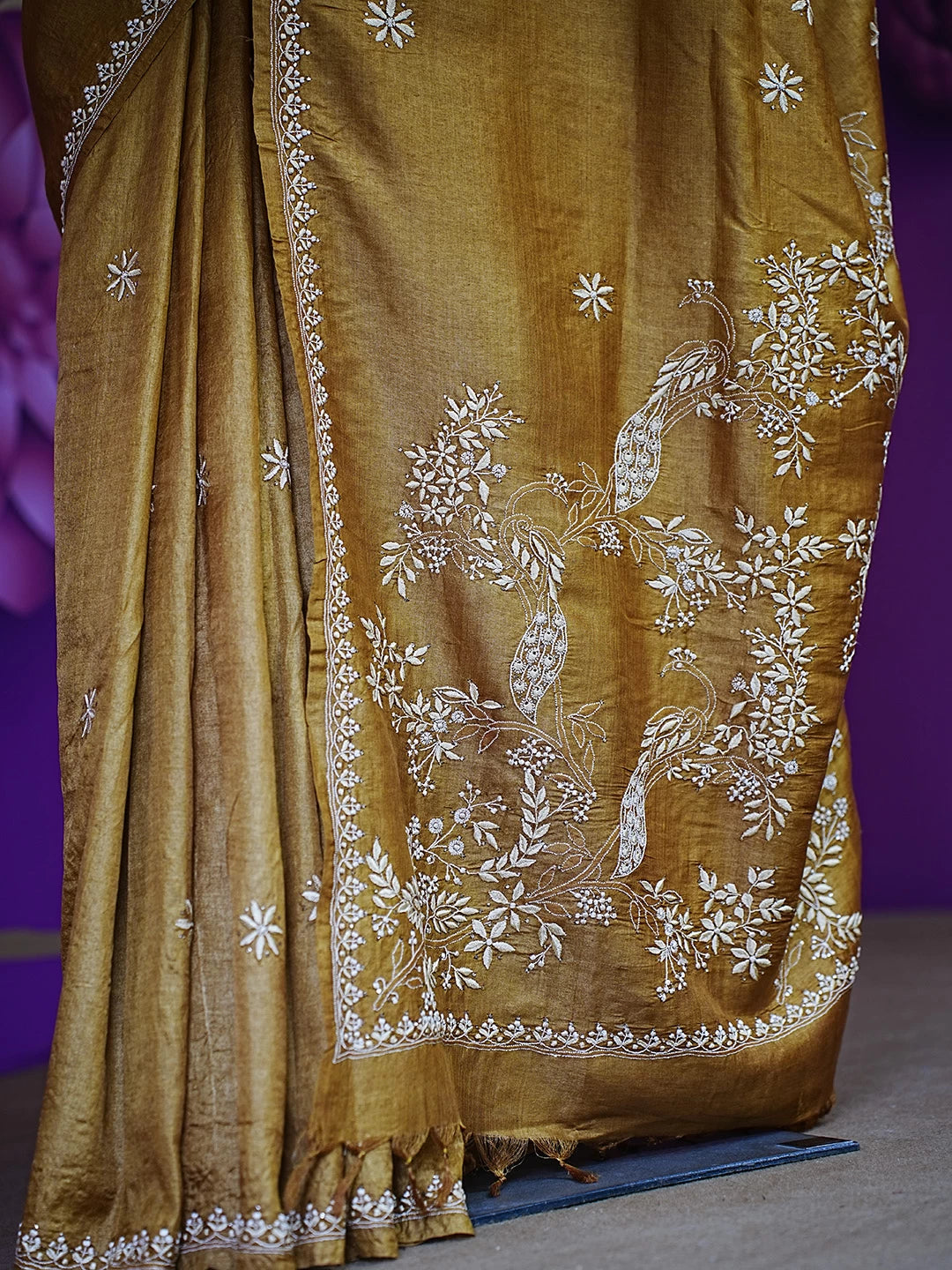 Ada Hand Embroidered Gold Mustard Silk Lucknowi Chikankari Saree/ Blouse With Muqaish Work 01A355099