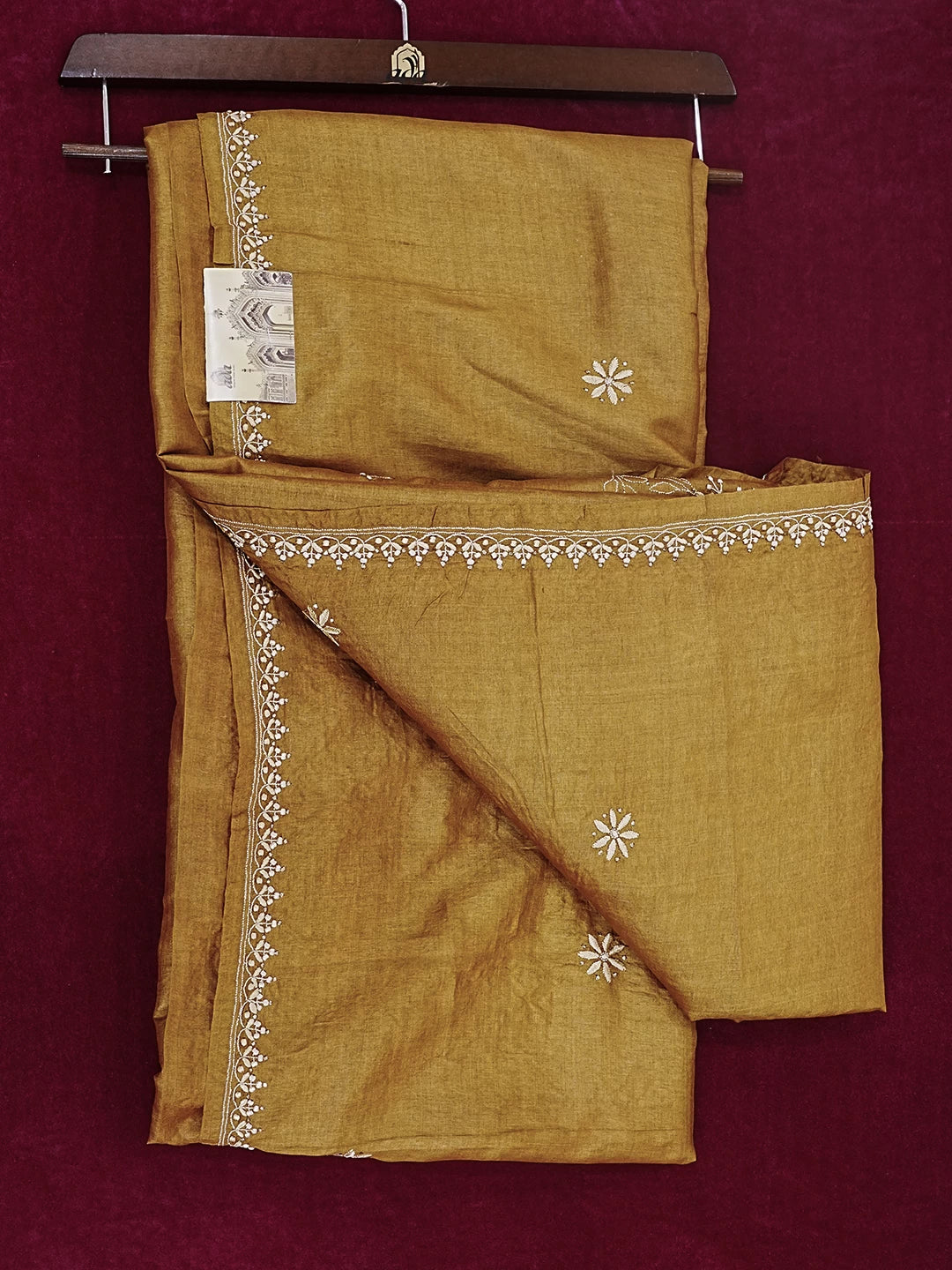 Ada Hand Embroidered Gold Mustard Silk Lucknowi Chikankari Saree/ Blouse With Muqaish Work 01A355099