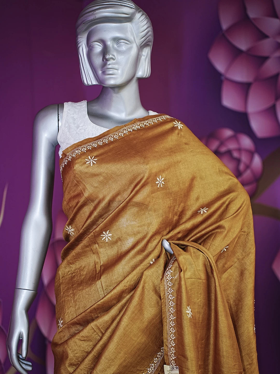 Ada Hand Embroidered Gold Mustard Silk Lucknowi Chikankari Saree/ Blouse With Muqaish Work 01A355099
