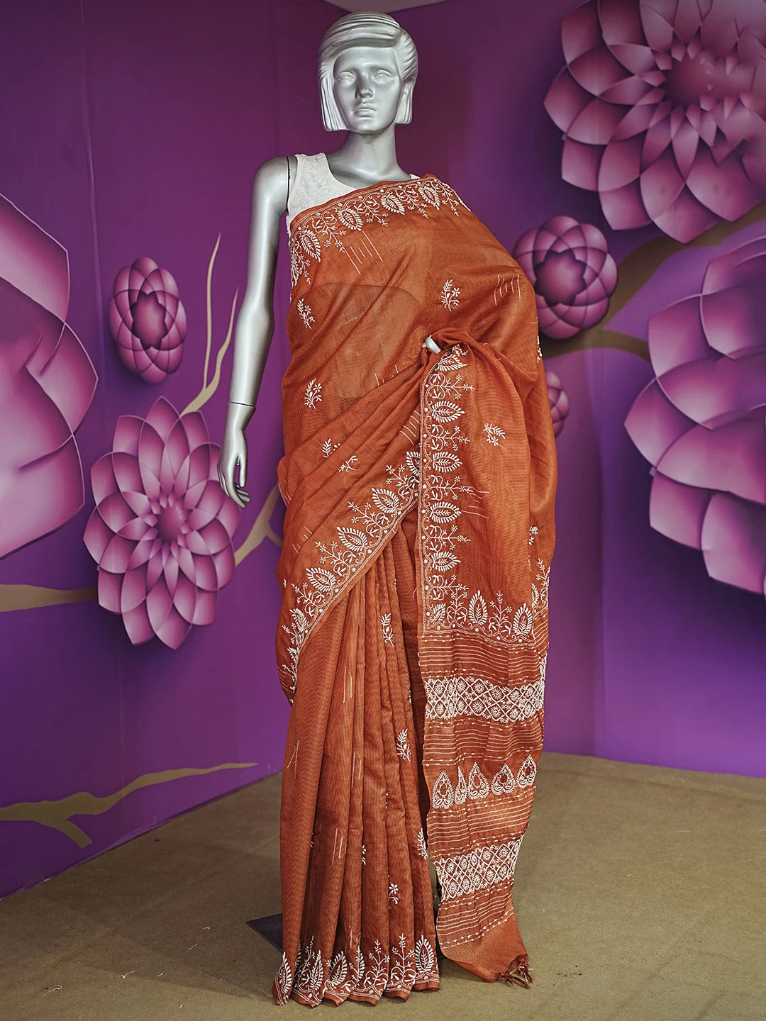 Ada Hand Embroidered Amber Rust Silk Lucknowi Chikankari Saree With Blouse 01A376436